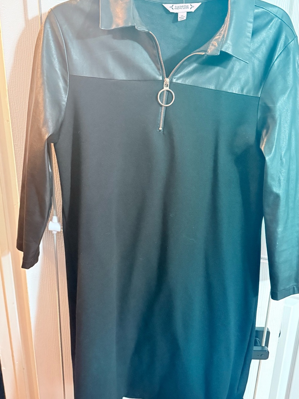 Nanette Lepore Black Long-Sleeve Zip-Front Dress with Faux-Leather Yoke